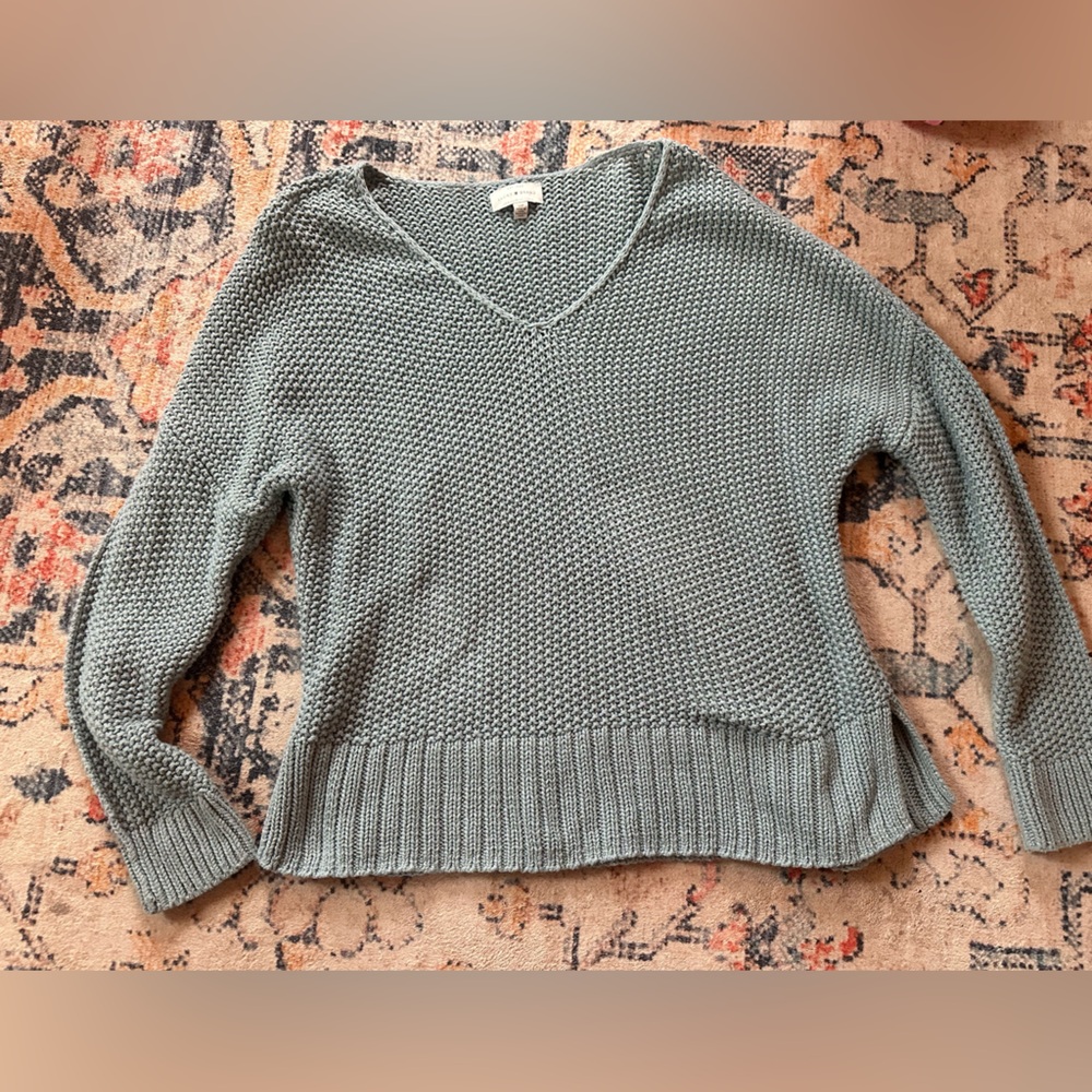 Lucky Brand Sz SMALL Women Open Knit Sweater V-Neck Blue Long Sleeve Cotton NWD
